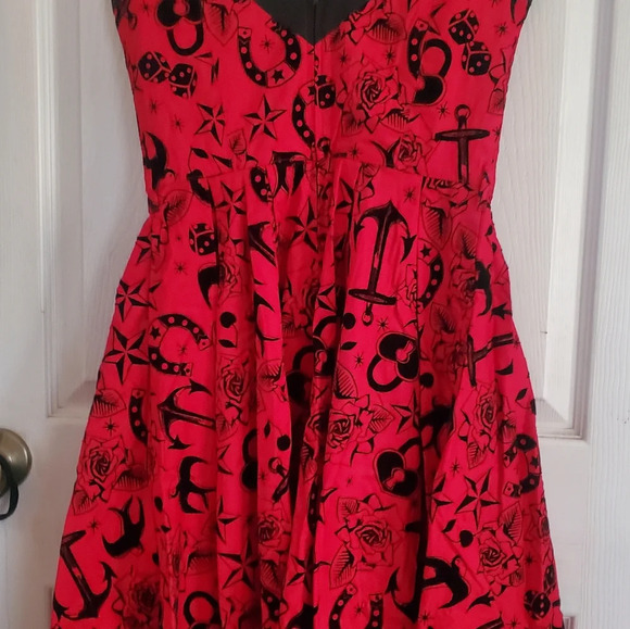 Hell Bunny Vixen red all over print tattoo flash flock retro dress - Picture 7 of 8
